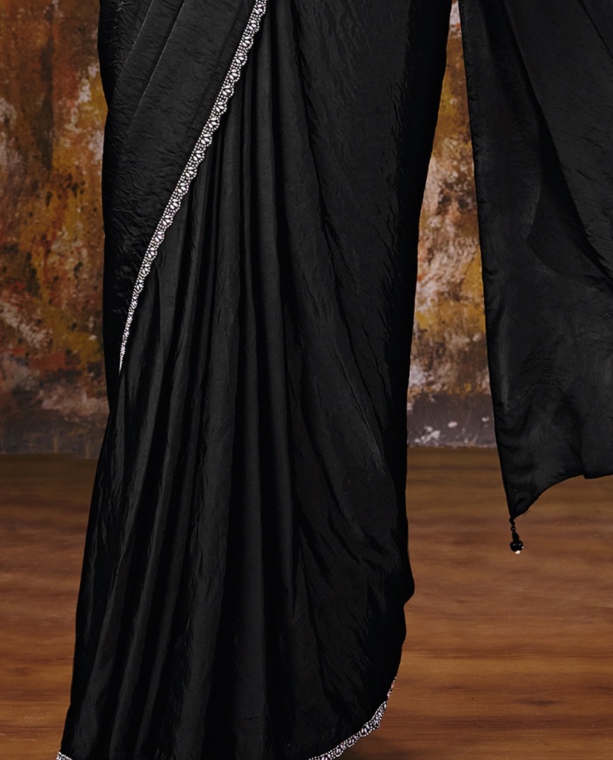 27115 - Jet Black Embroidered Wedding Party Designer Saree